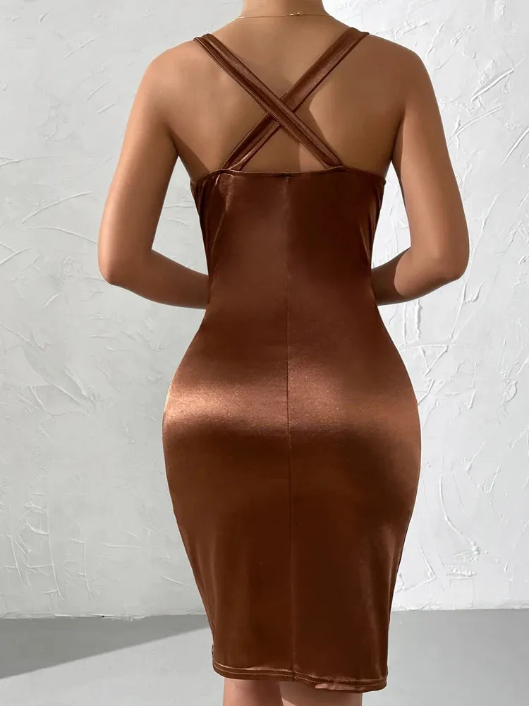 2024 Summer Split Brown Short Dresses For Women Tight Club Bodycon Dress