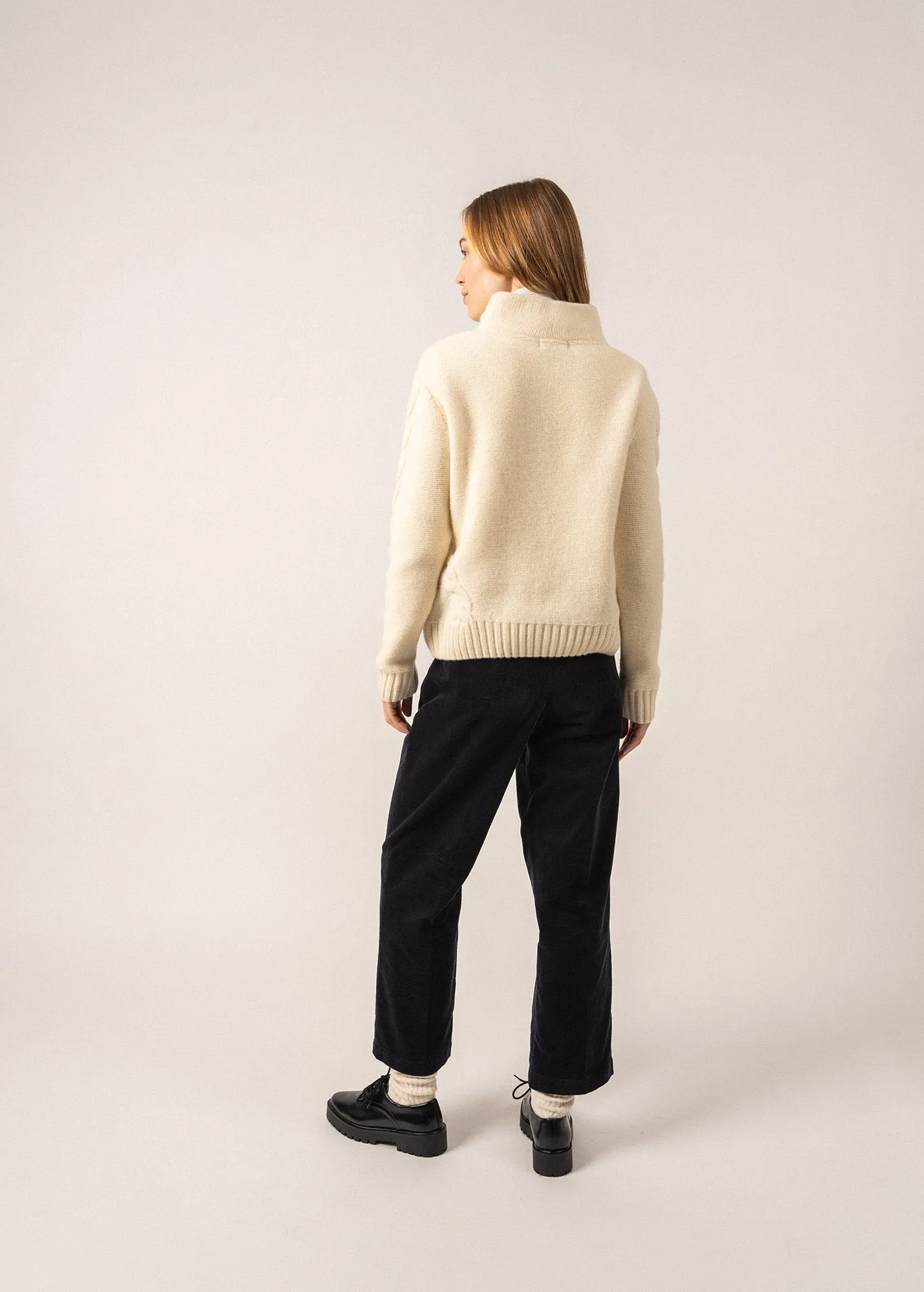 ABERDEEN -Quarter Zip Trucker Sweater for Women | Cable Knit | 100% Wool (IVORY)