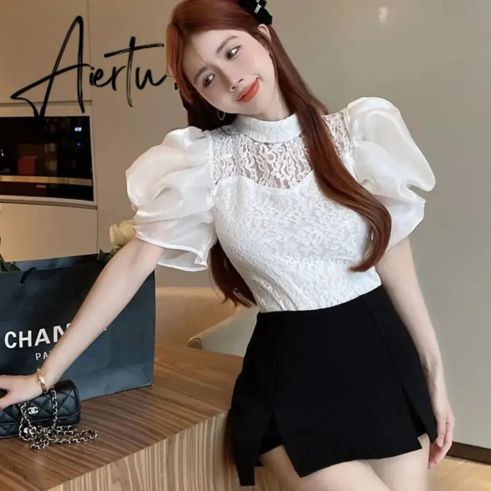 Aiertu Summer Chic Court Style Lace Hollowed Shirt Womens French Elegant Bubble Sleeve Blouses Ladies Tops Sweet Camisas Y Blusas