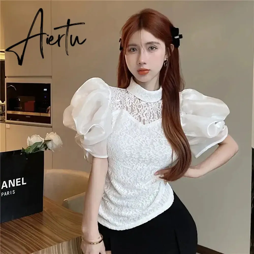 Aiertu Summer Chic Court Style Lace Hollowed Shirt Womens French Elegant Bubble Sleeve Blouses Ladies Tops Sweet Camisas Y Blusas