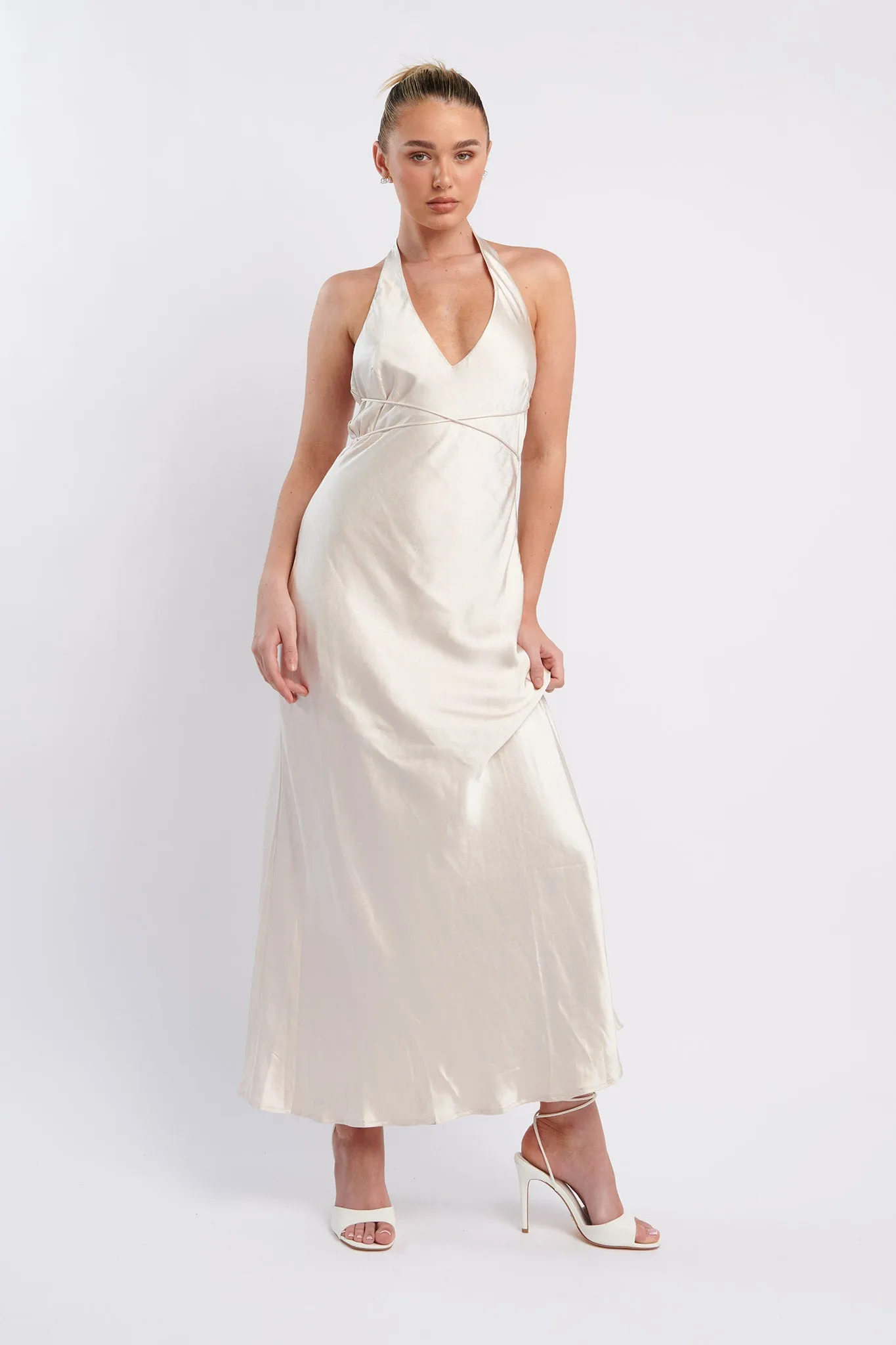 Alenni Halterneck V-Neck Midi Dress Champagne