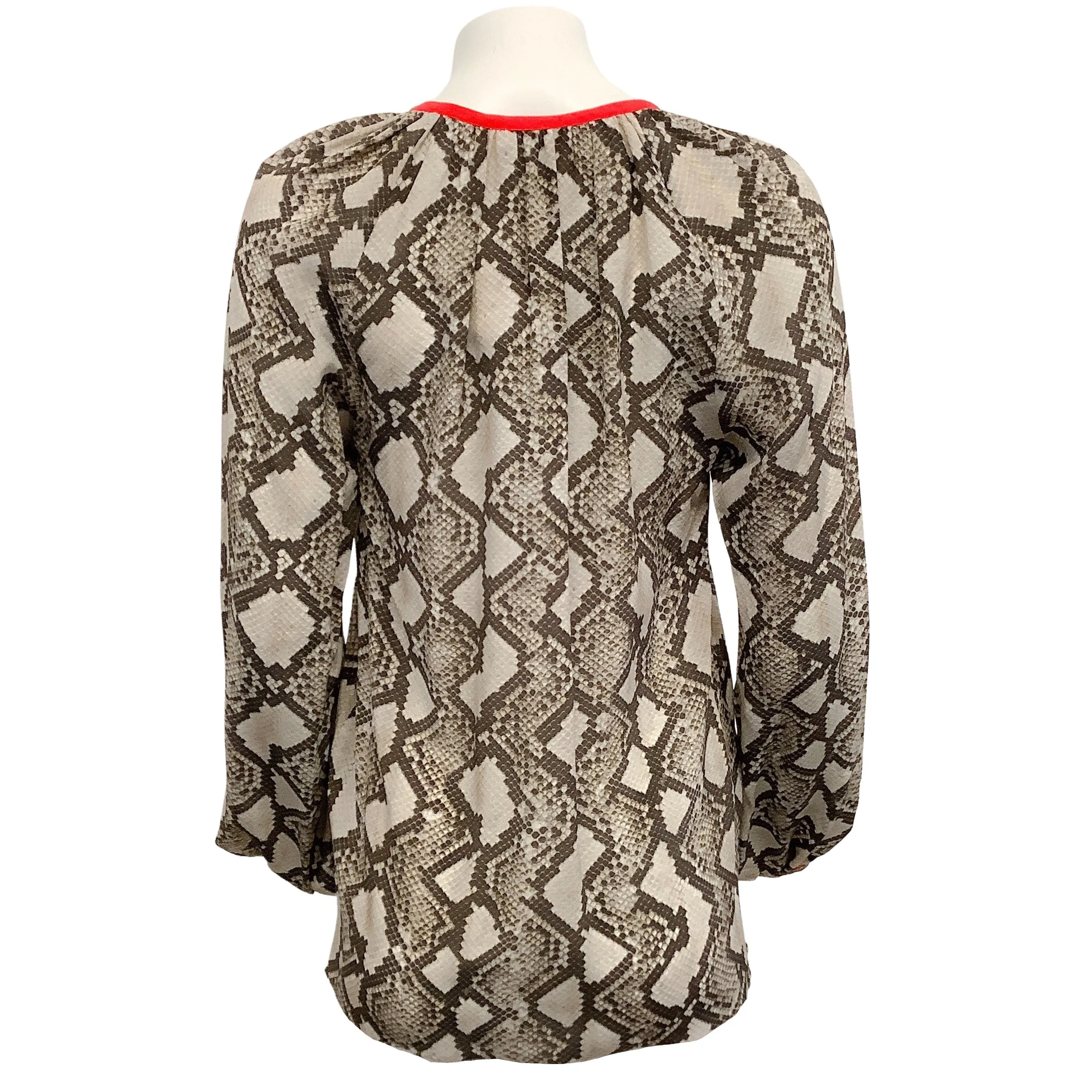 Altuzarra Tan Snake Print Lace Up Blouse with Red Trim