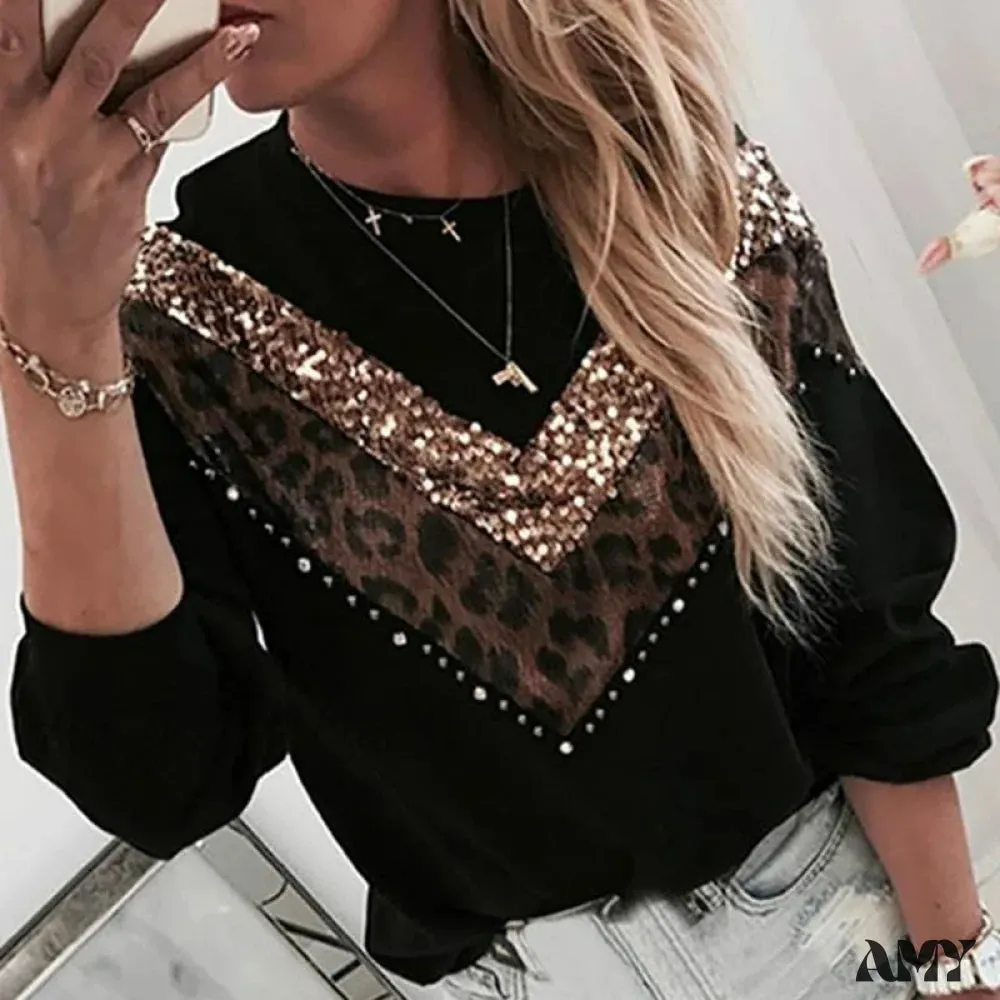 Amy Fashion - Leopard Printed Long Sleeve Casual Slim O-Neck Pullover