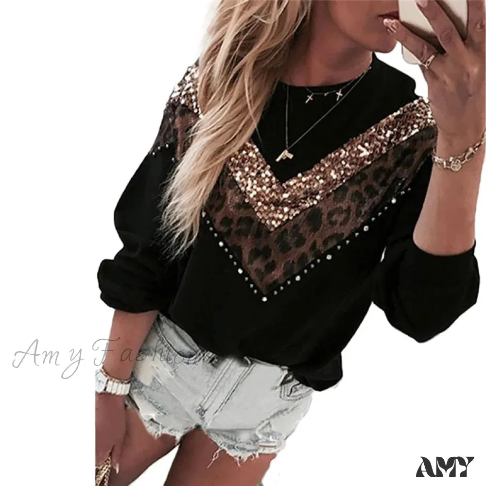 Amy Fashion - Leopard Printed Long Sleeve Casual Slim O-Neck Pullover