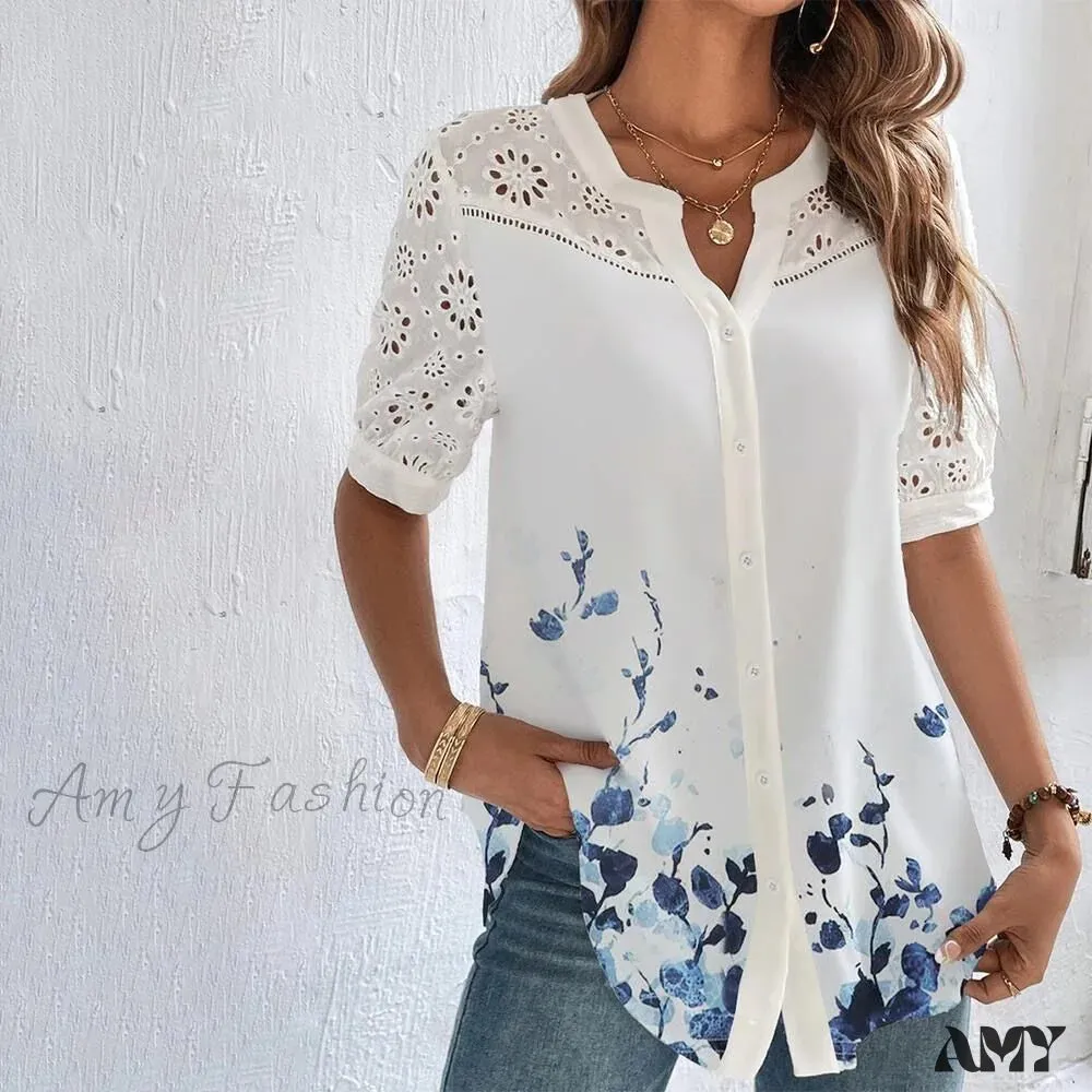 Amy Fashion - Loose Shirt Elegant Short Sleeve Blouse