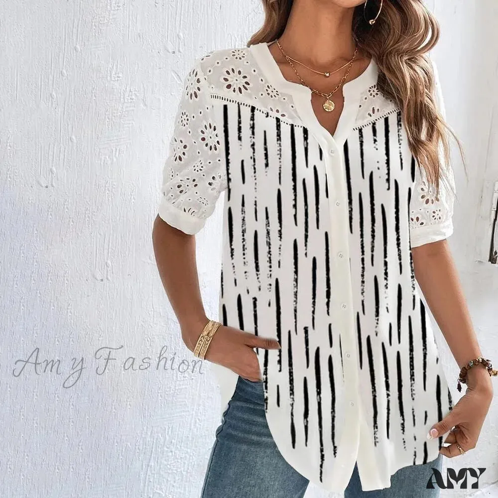 Amy Fashion - Loose Shirt Elegant Short Sleeve Blouse