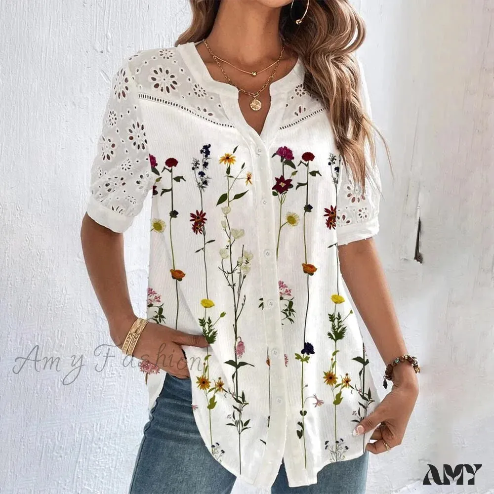 Amy Fashion - Loose Shirt Elegant Short Sleeve Blouse