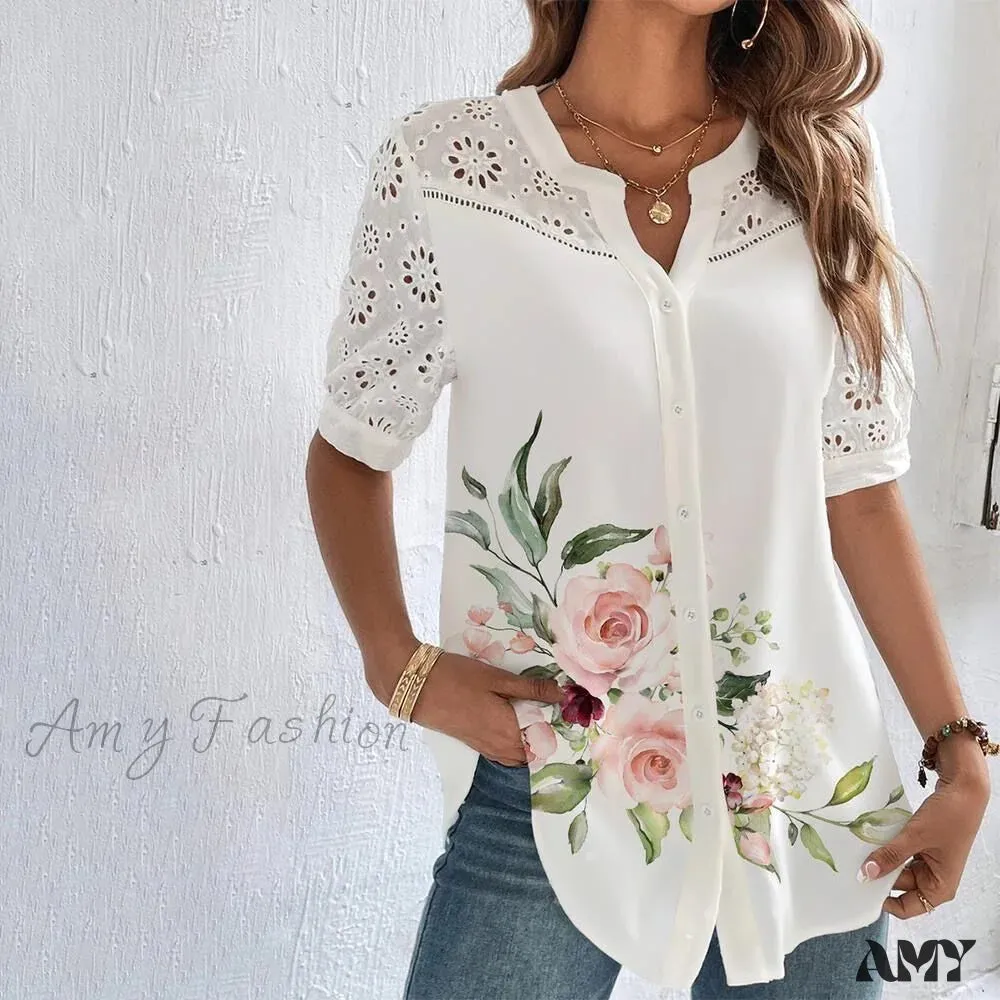 Amy Fashion - Loose Shirt Elegant Short Sleeve Blouse