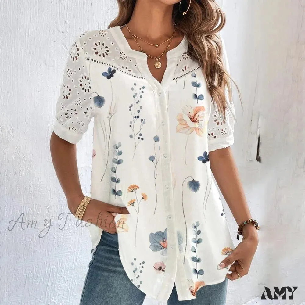 Amy Fashion - Loose Shirt Elegant Short Sleeve Blouse