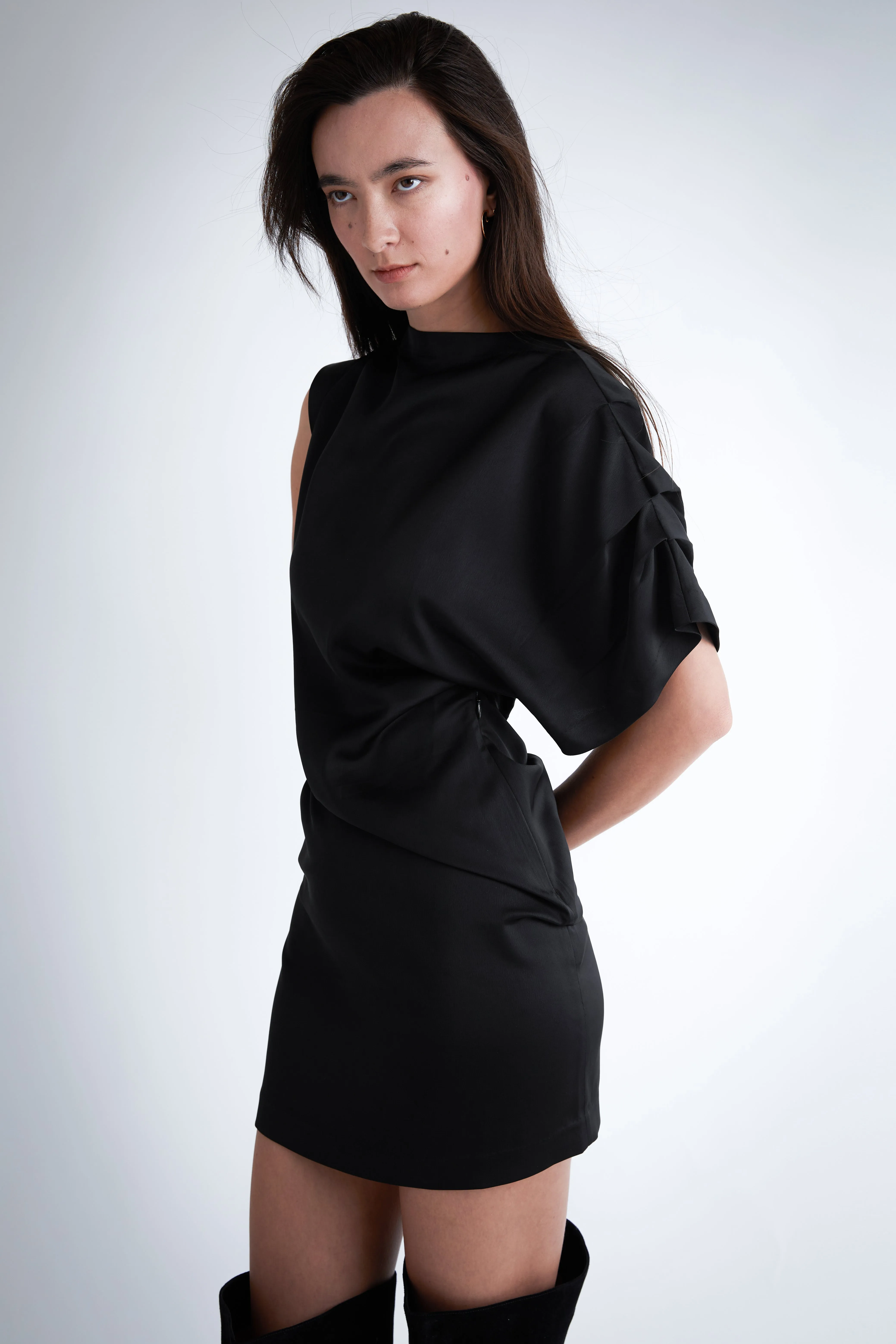 ASYMMETRICAL BAT SLEEVE MINI DRESS