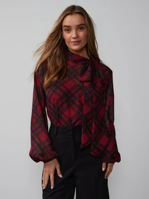 Balloon Sleeve Plaid Print Blouse