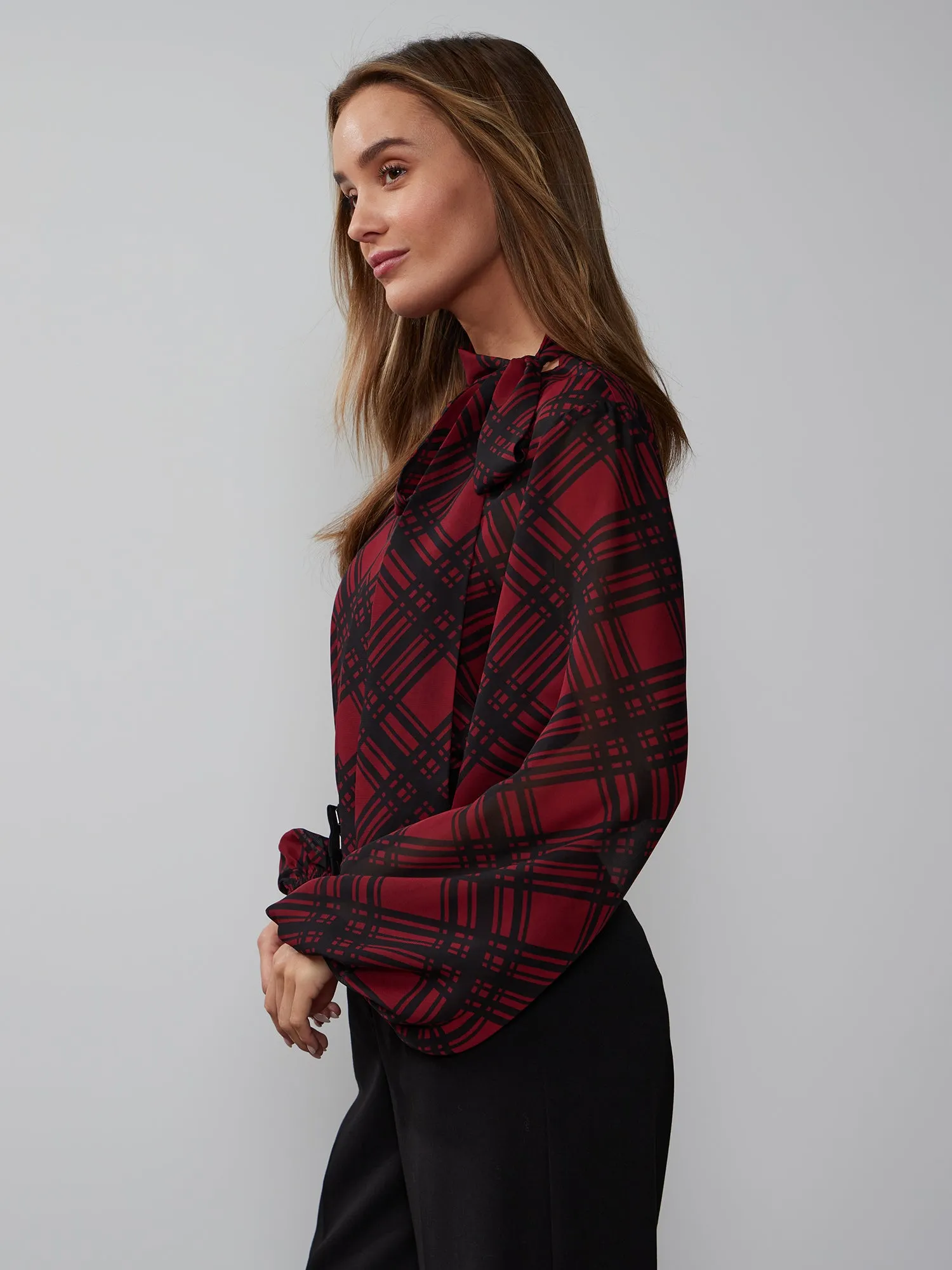 Balloon Sleeve Plaid Print Blouse