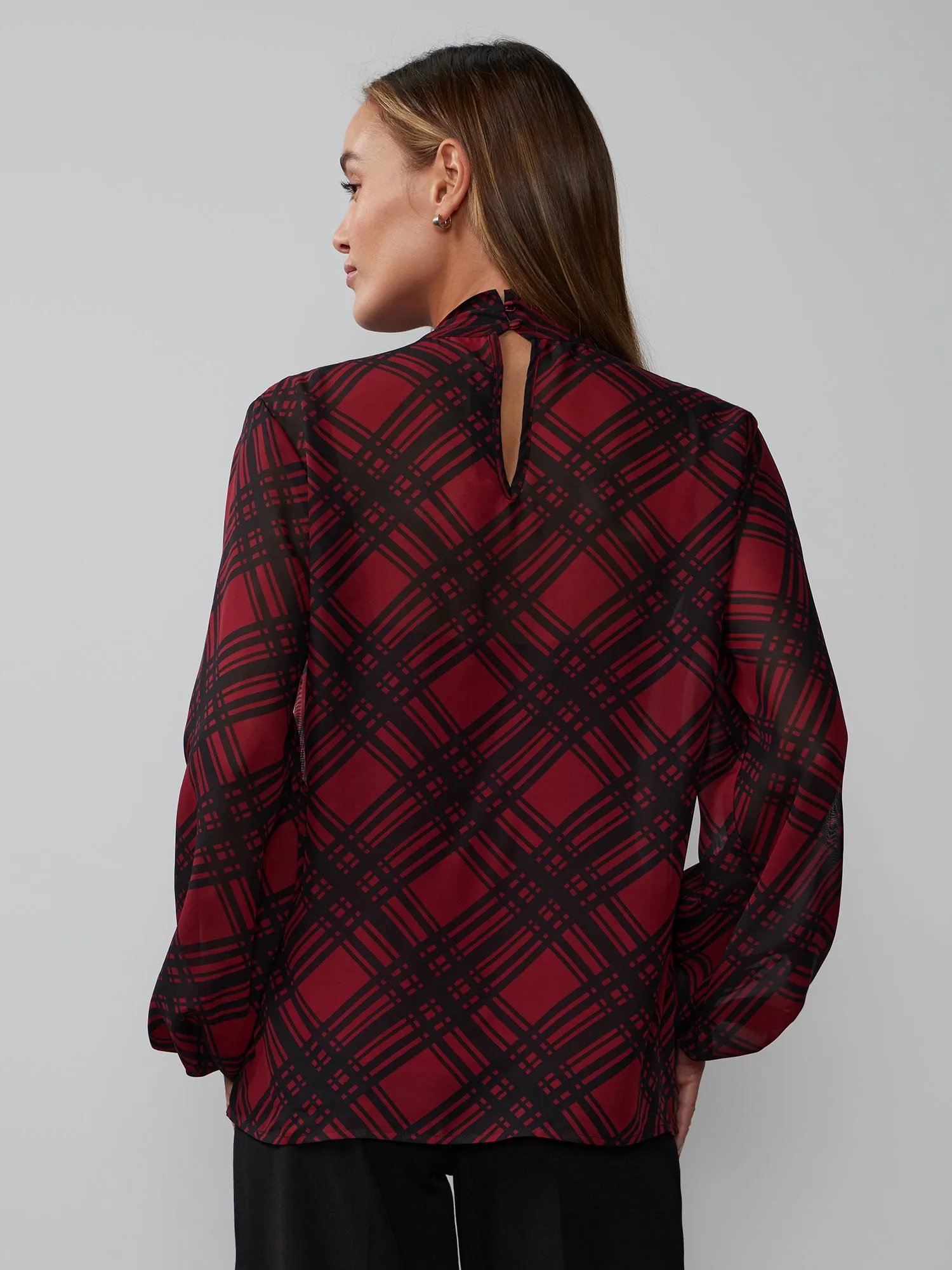 Balloon Sleeve Plaid Print Blouse