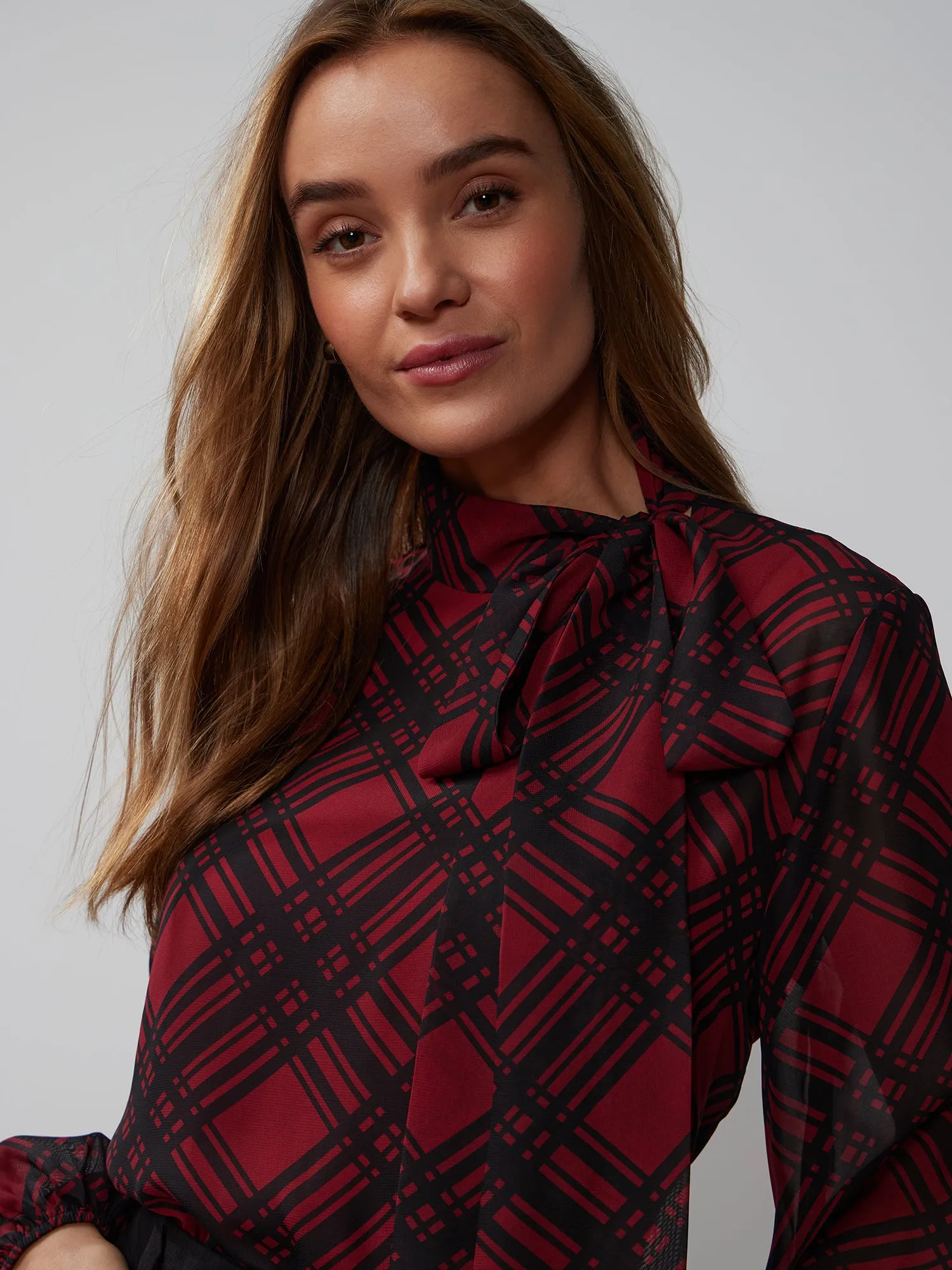 Balloon Sleeve Plaid Print Blouse