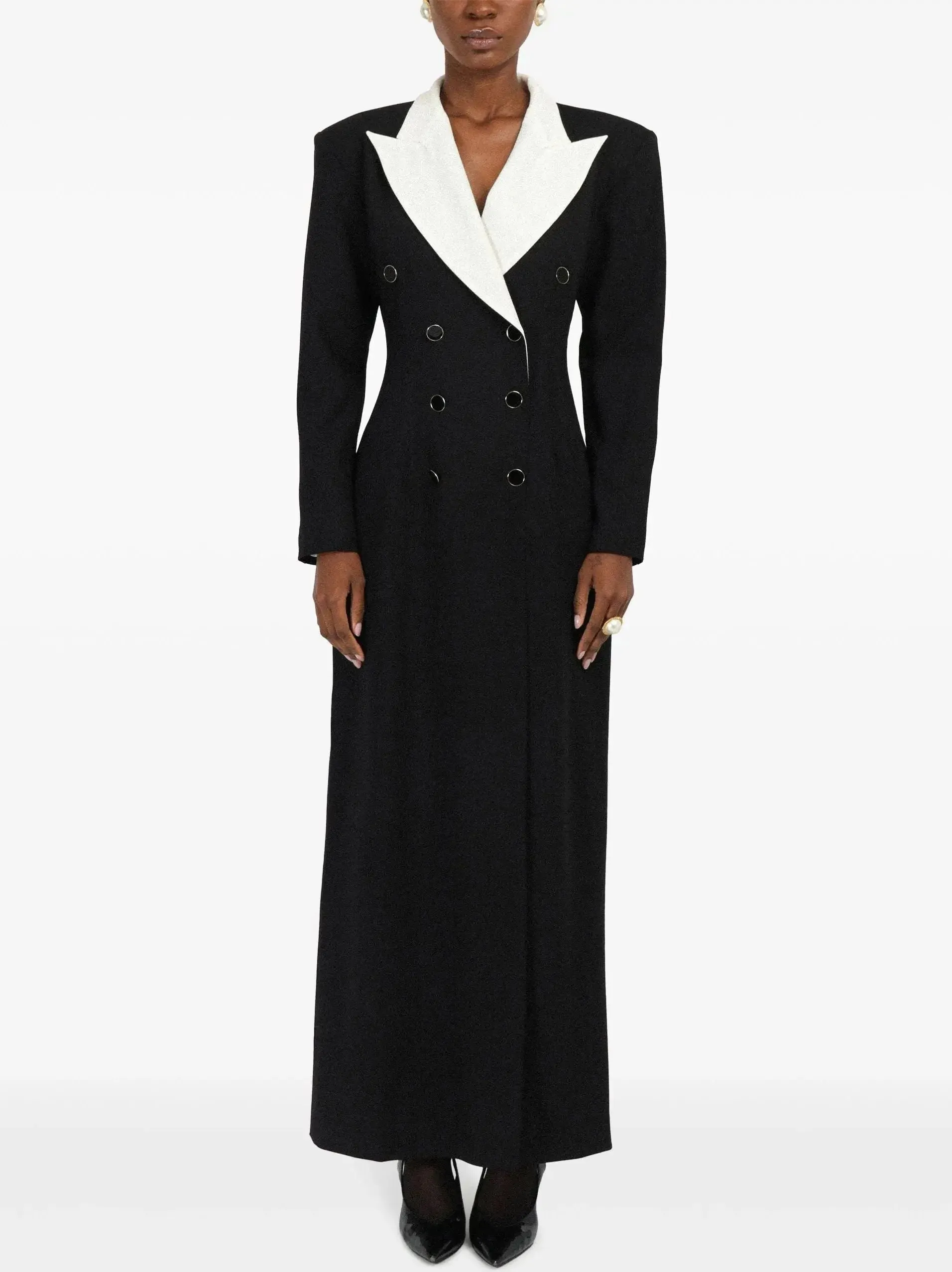 Bicolor Contrasting-Collar Double-Breasted Tuxedo Coat