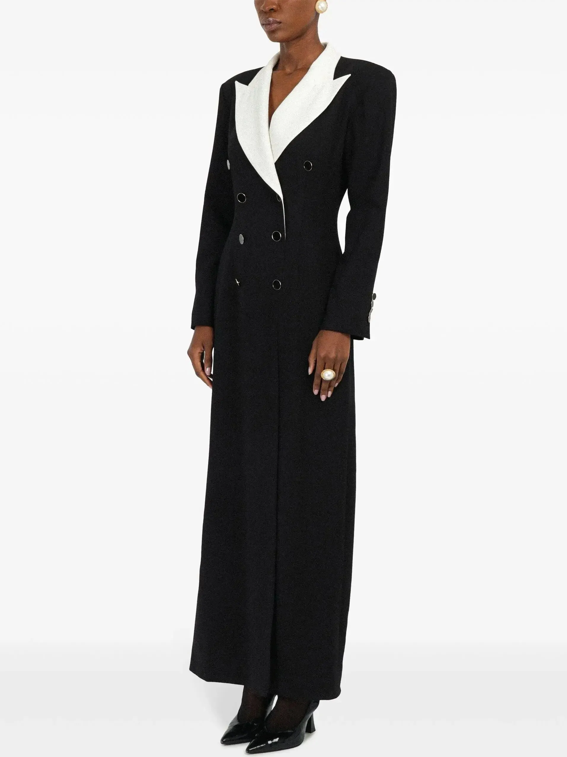 Bicolor Contrasting-Collar Double-Breasted Tuxedo Coat