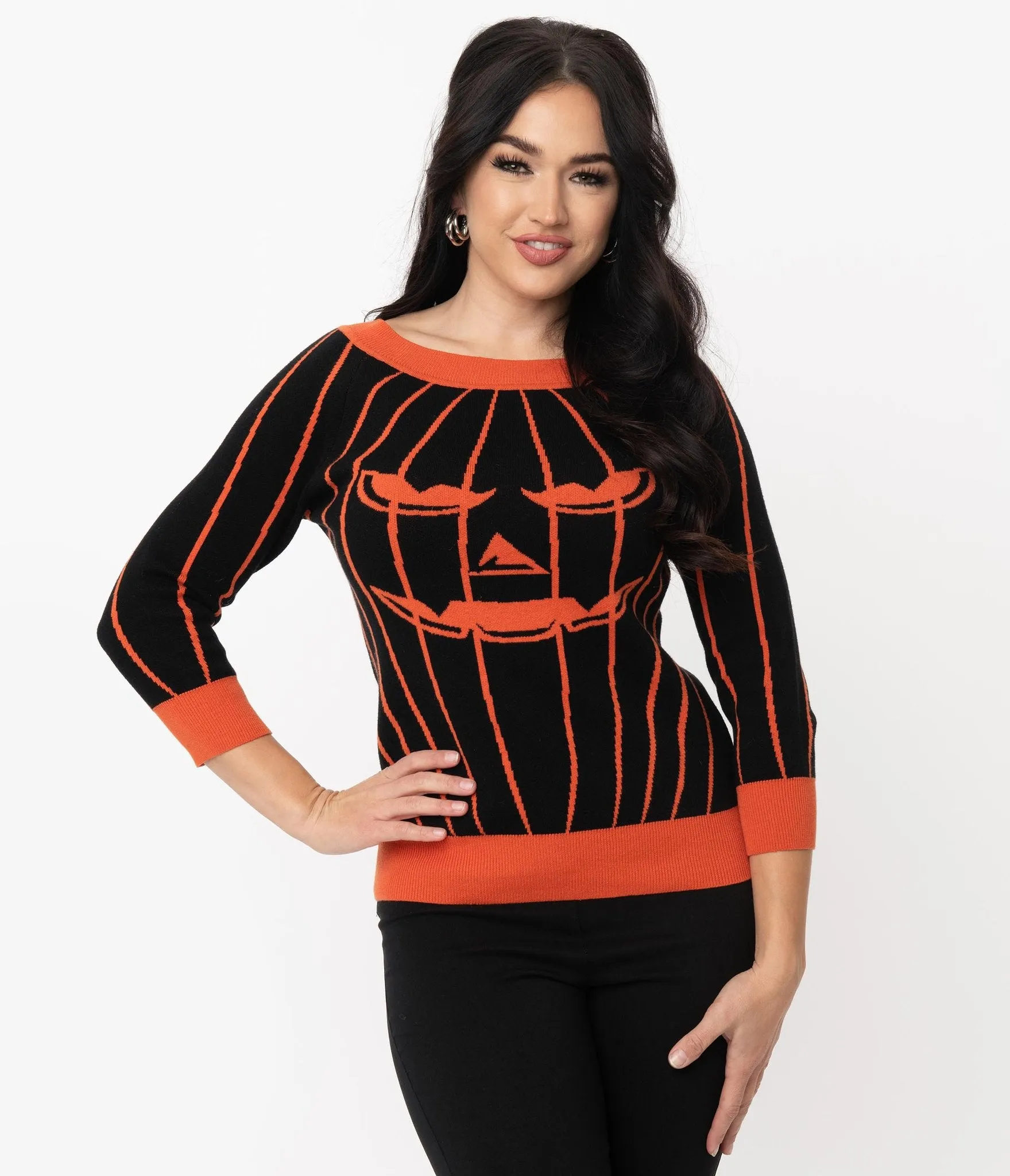 Black & Orange Striped Jack-o-Lantern Pumpkin Annaleigh Sweater