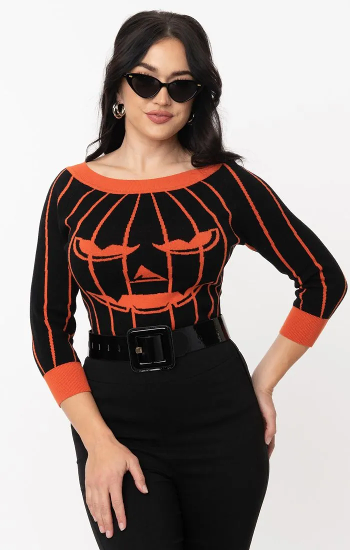 Black & Orange Striped Jack-o-Lantern Pumpkin Annaleigh Sweater