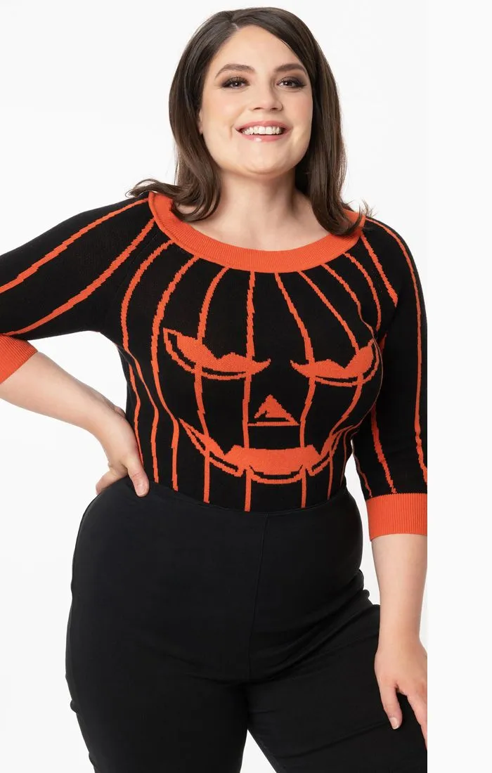 Black & Orange Striped Jack-o-Lantern Pumpkin Annaleigh Sweater