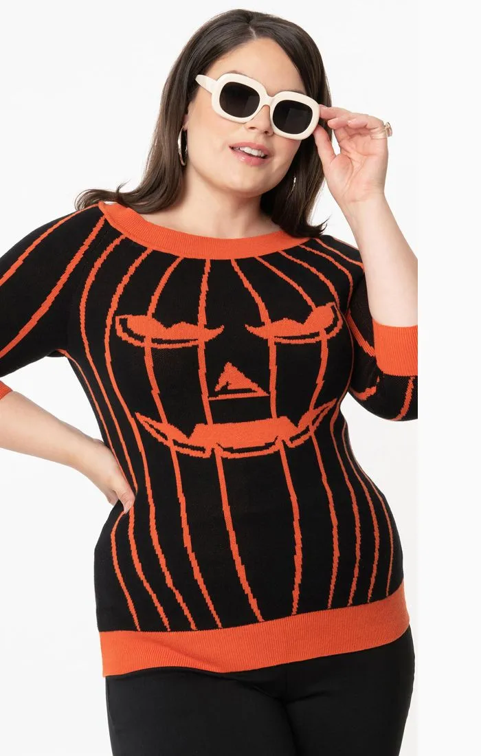 Black & Orange Striped Jack-o-Lantern Pumpkin Annaleigh Sweater