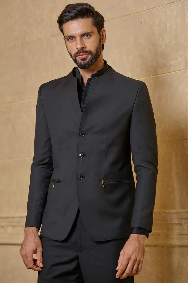 Black Classic Bandhgala With Zipper Pocket Detailing