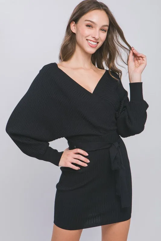 Black Off Shoulder Wrap Belted Ribbed Knit Dress