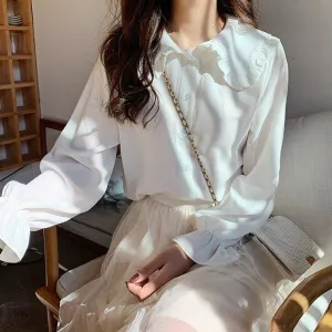 Blouses Shirts Women Peter Pan Collar Petal Sleeve Single Breasted Daily Elegant Womens Students Temperament Smooth Comfortable