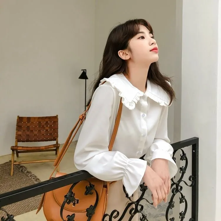 Blouses Shirts Women Peter Pan Collar Petal Sleeve Single Breasted Daily Elegant Womens Students Temperament Smooth Comfortable