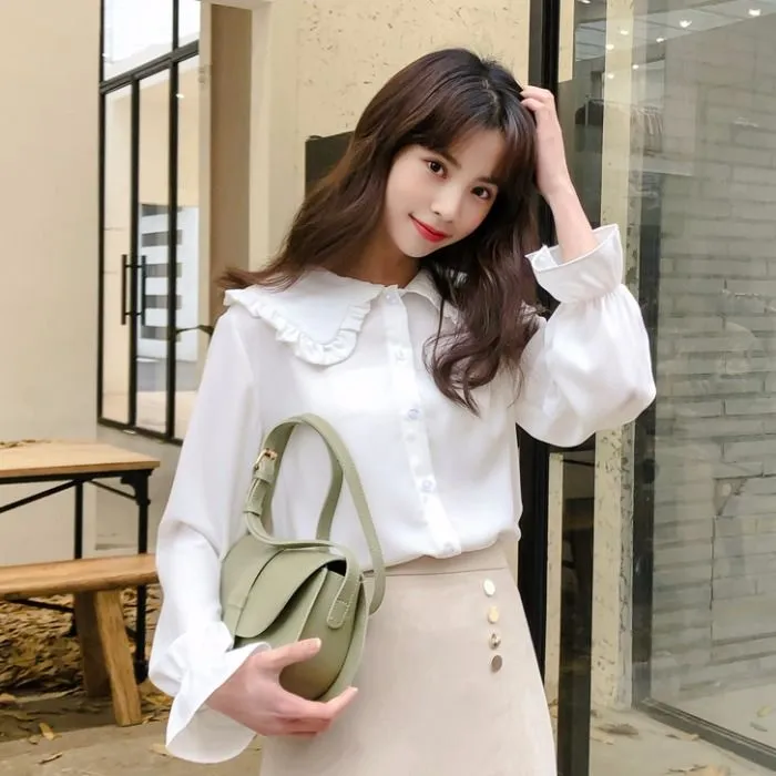 Blouses Shirts Women Peter Pan Collar Petal Sleeve Single Breasted Daily Elegant Womens Students Temperament Smooth Comfortable