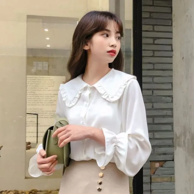 Blouses Shirts Women Peter Pan Collar Petal Sleeve Single Breasted Daily Elegant Womens Students Temperament Smooth Comfortable