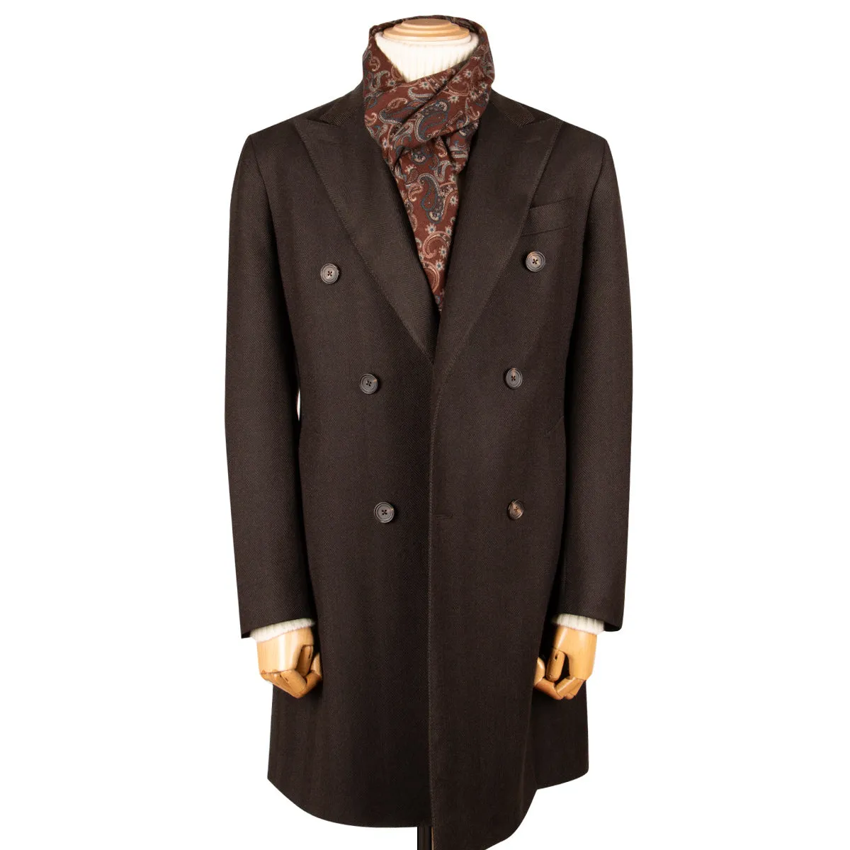 Brown Herringbone Loro Piana 100% Virgin Wool Tailored Overcoat