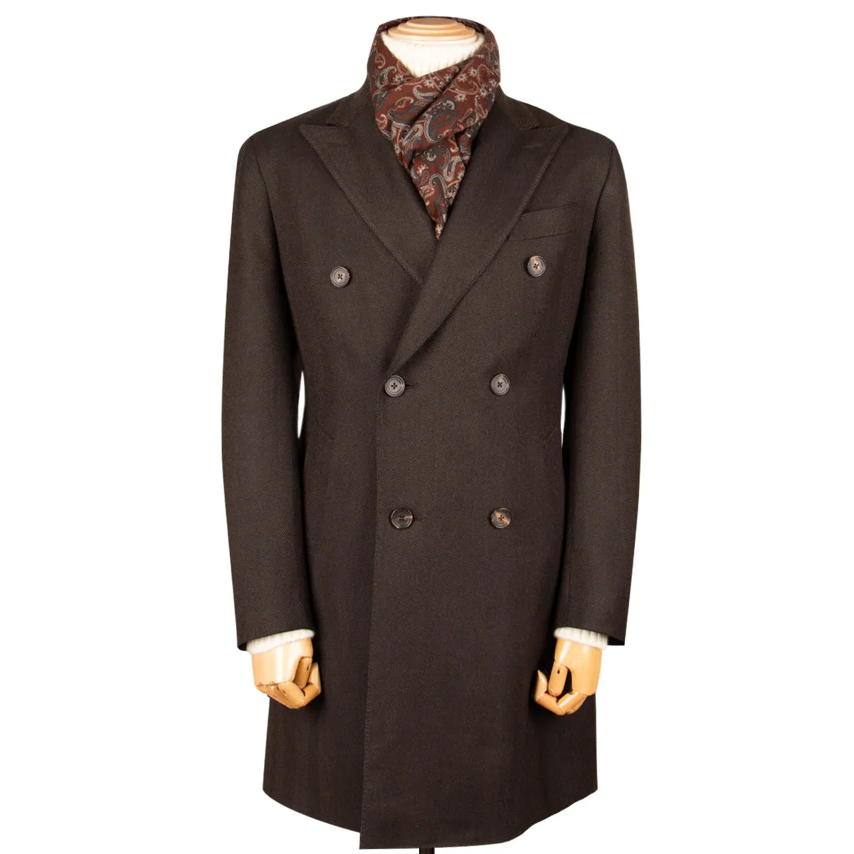 Brown Herringbone Loro Piana 100% Virgin Wool Tailored Overcoat