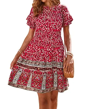 BTFBM Women's Casual Short Sleeve Boho Summer Dresses Crewneck Floral Print High Waist Beach Cute Mini Swing Flowy Dress (XX-Large, Floral Red)