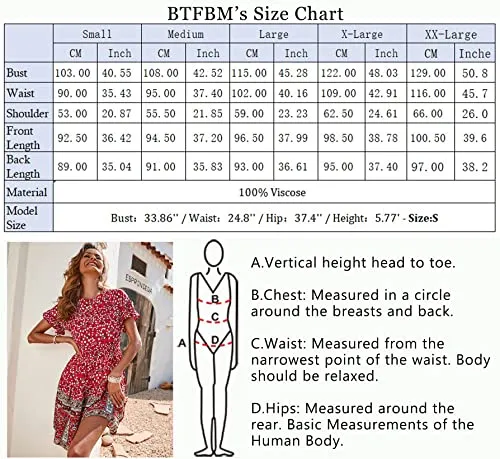 BTFBM Women's Casual Short Sleeve Boho Summer Dresses Crewneck Floral Print High Waist Beach Cute Mini Swing Flowy Dress (XX-Large, Floral Red)