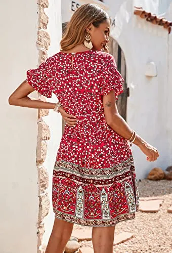 BTFBM Women's Casual Short Sleeve Boho Summer Dresses Crewneck Floral Print High Waist Beach Cute Mini Swing Flowy Dress (XX-Large, Floral Red)