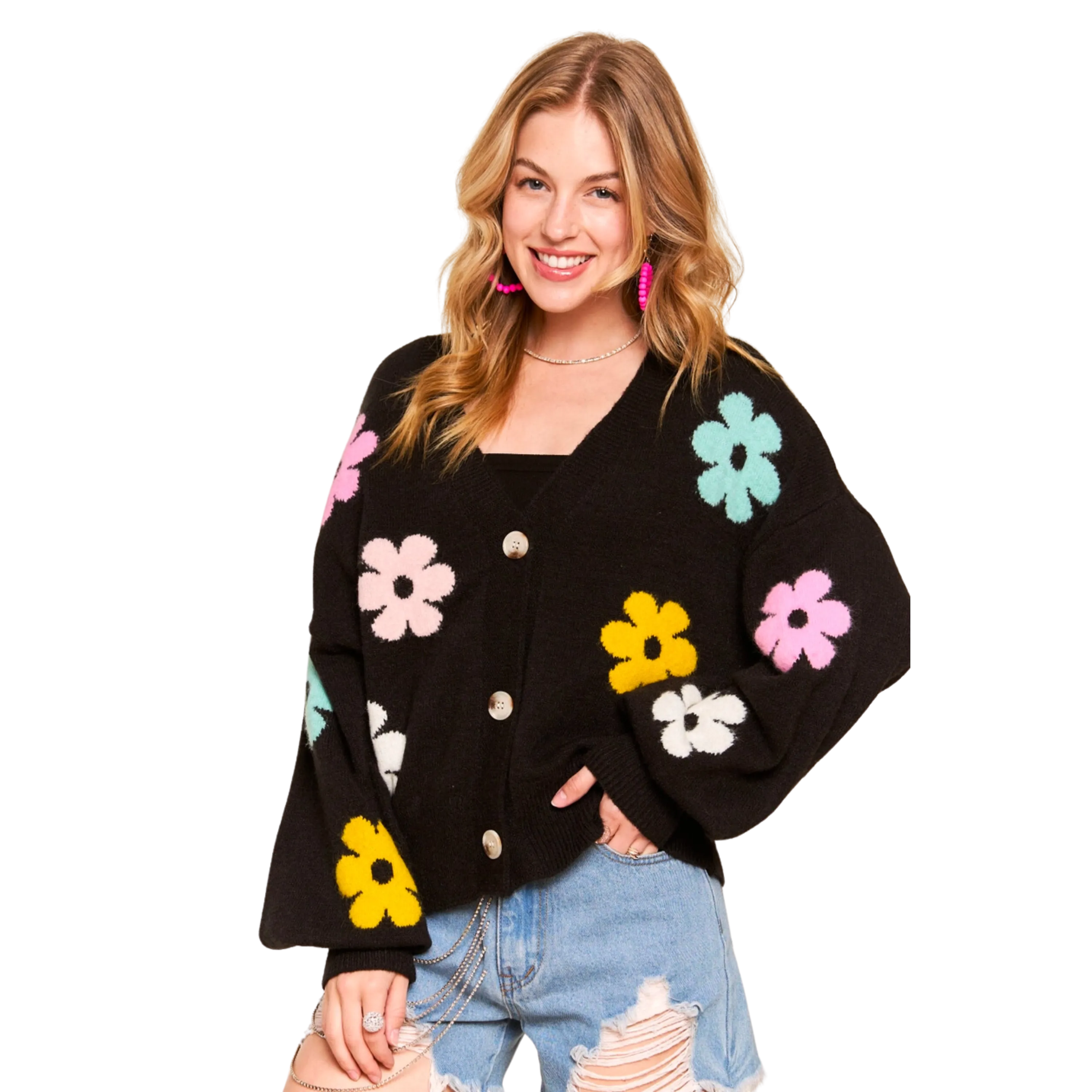 Button Down Floral Cardigan - Black