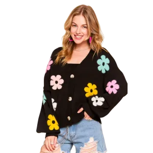 Button Down Floral Cardigan - Black