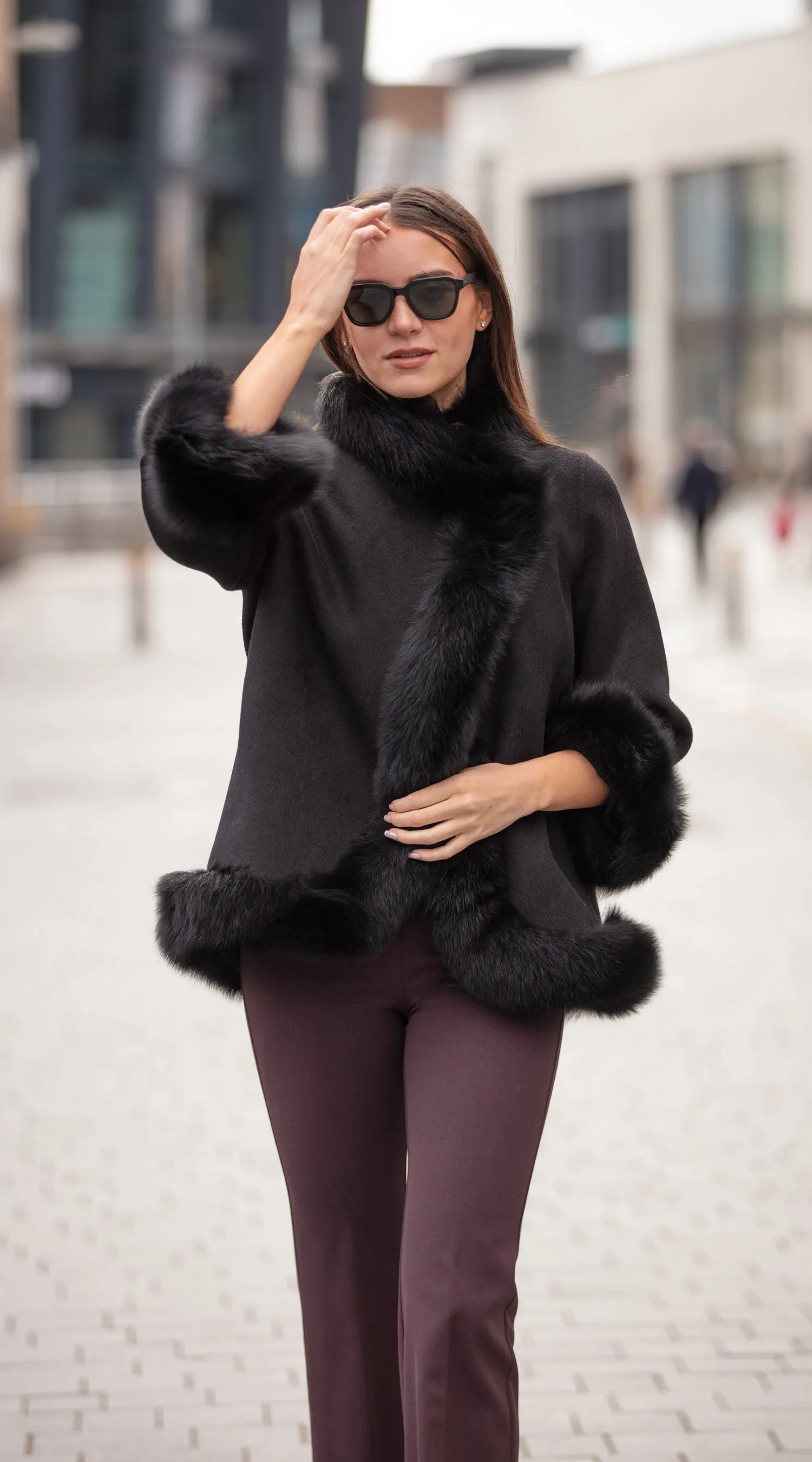 Cashmere & Fox Fur Wrap Coat - Black