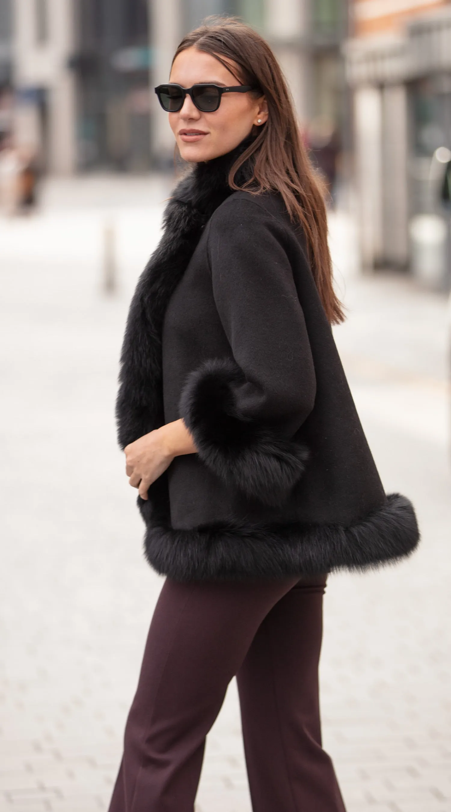 Cashmere & Fox Fur Wrap Coat - Black