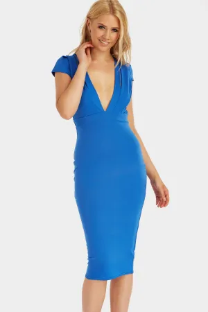 Cobalt Cap Sleeve Plunge Front Midi Dress