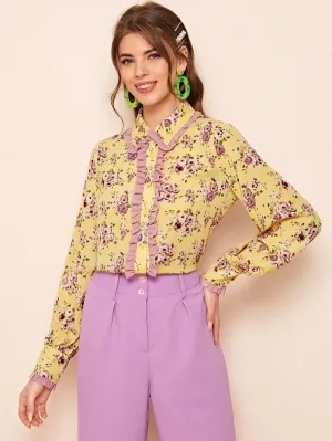 Collared Ruffle Trim Floral Blouse