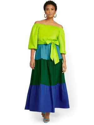 Colorblock Off-The-Shoulder Poplin Maxi Dress