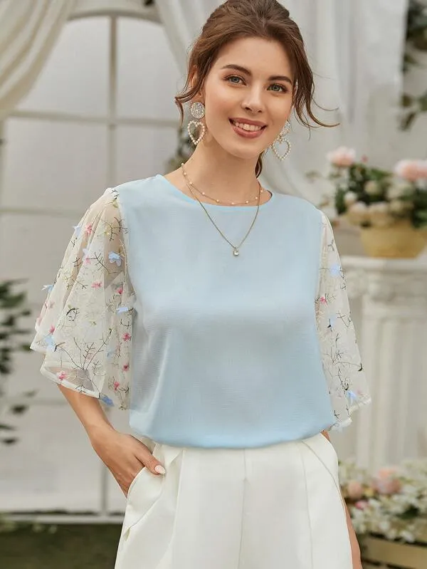 Contrast Embroidered Mesh Sleeve Blouse