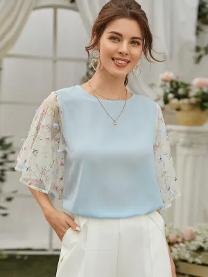 Contrast Embroidered Mesh Sleeve Blouse