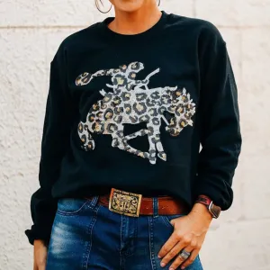 Crazy Consuela Women's Leopard Sequin Bronc Crew Neck