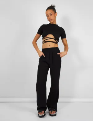 Crinkle Elasticated Waist Wide Leg Trousers Black