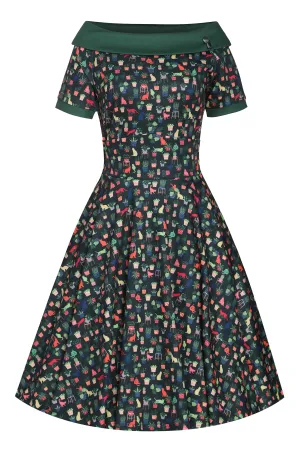 Darlene Cat & Plant Dress In Dark Green