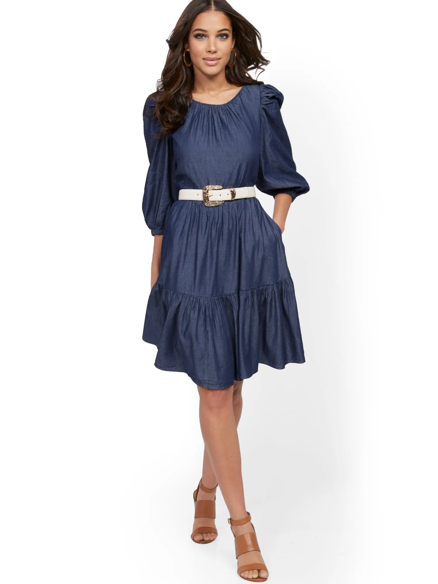 Denim Puff-Sleeve Fit and Flare Dress