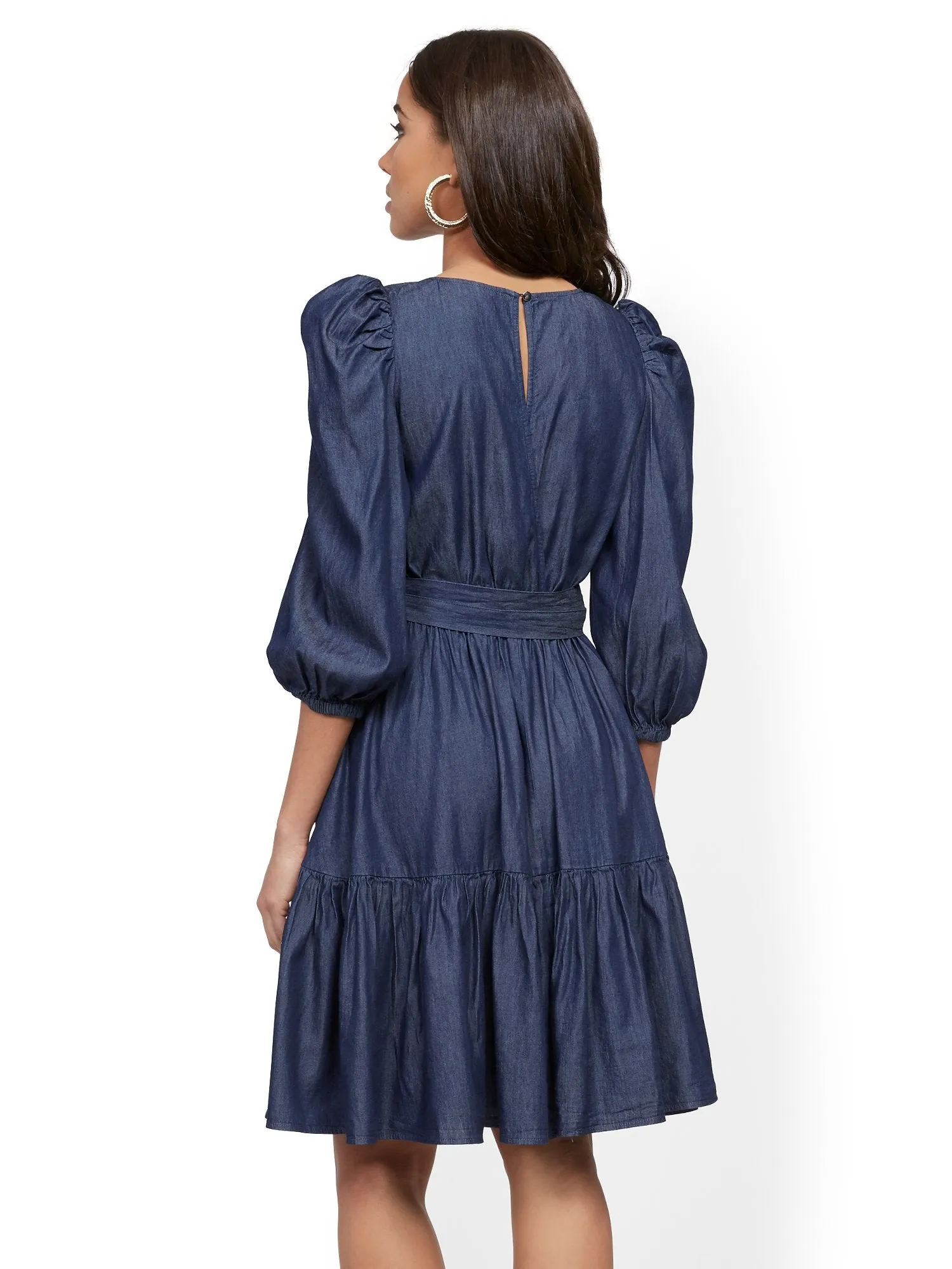 Denim Puff-Sleeve Fit and Flare Dress