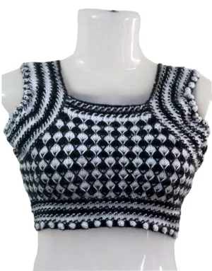 Elegant Self Design Graminarts Handmade Knitted Women Blouse - Black & White